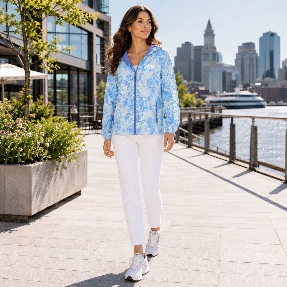 NEW BALANCE Women’s New Active Hoodie SMALL Windbreaker Floral Blue Jacket - Picture 13 of 13